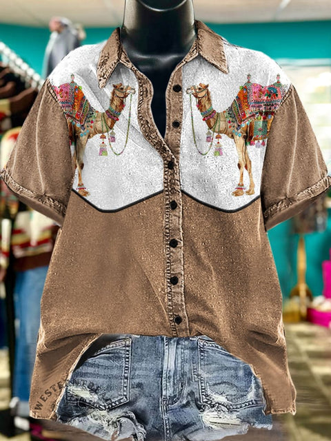 Camel Art Print Casual Western Top