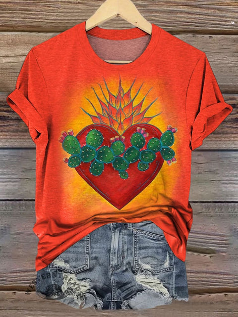 Cactus Heart Prints Casual T-shirt