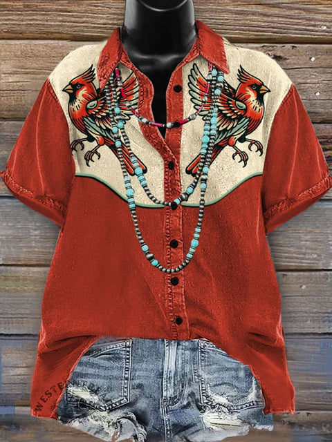 Cardinal Bird Print Casual Western Top