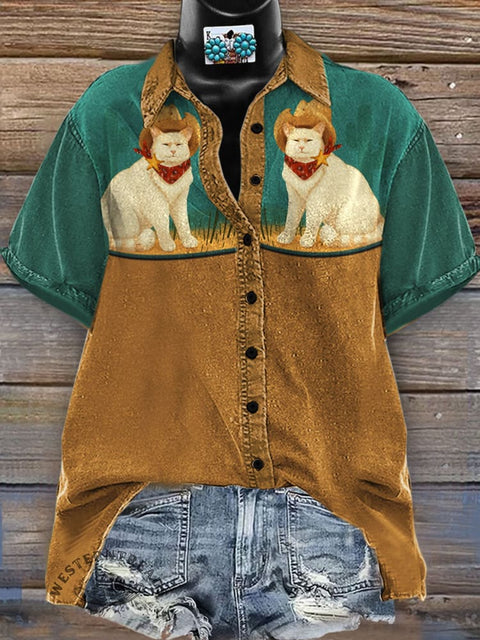 Cowboy Cat Art Print Casual Western Top