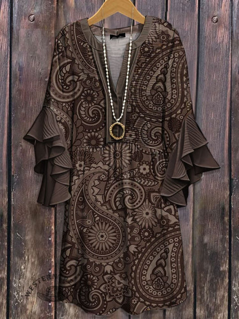 Retro Paisley Print Ruffle Dress