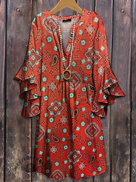 Retro Paisley Print Ruffle Dress