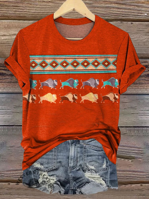 Bull Ethnic Tribal Art Print Casual T-shirt