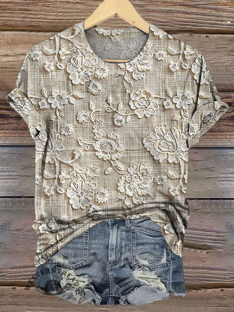 Elegant Floral Lace Art Printed Casual T-shirt