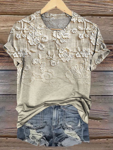 Elegant Floral Lace Art Printed Casual T-shirt