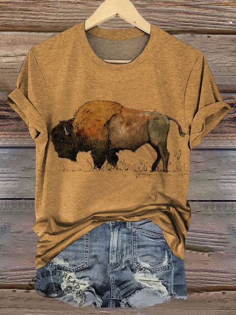 Brown bull print short-sleeved T-shirt