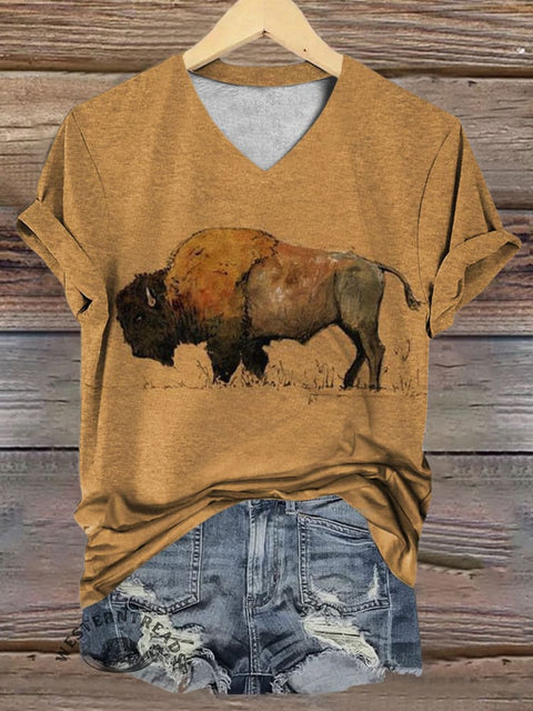Bull Art Print V-neck Casual T-Shirt