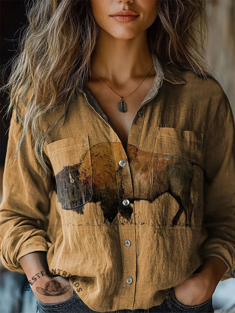 Bull Print Casual Long Sleeve Comfortable Cotton Shirt