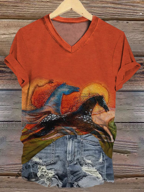 Western Horse Print V-neck Casual T-Shirt