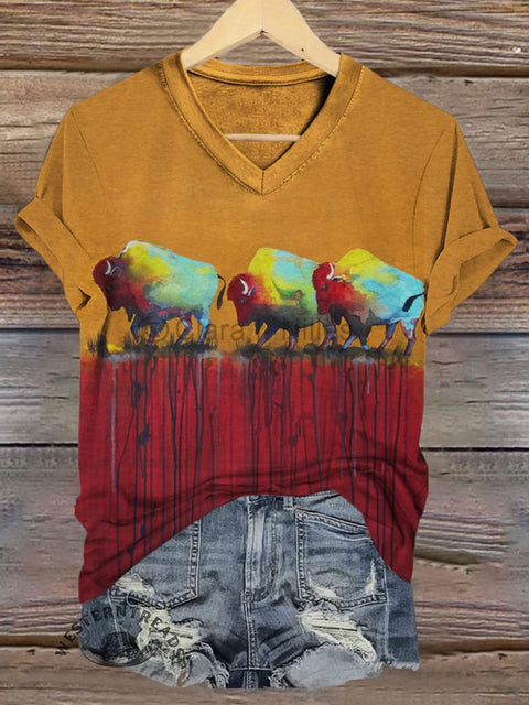 Bull Art Print V-neck Casual T-Shirt