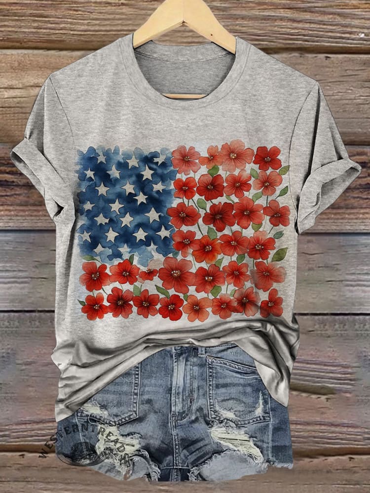 Floral American Flag Print Casual T-shirt
