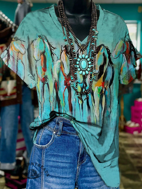 Horse Prints V-neck Casual T-Shirt
