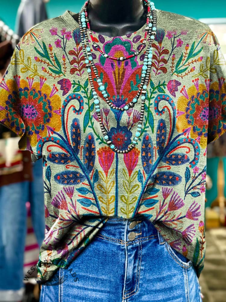 Ethnic Flowers Print Casual T-shirt
