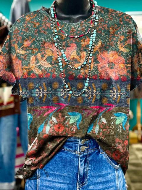 Women's vintage floral print short-sleeve t-shirt - Western boho style, relaxed fit, artistic botanical design, and casual comfort.