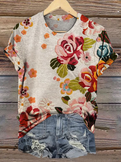 Women's vintage floral print short-sleeve t-shirt - Western boho style, relaxed fit, artistic botanical design, and casual comfort.