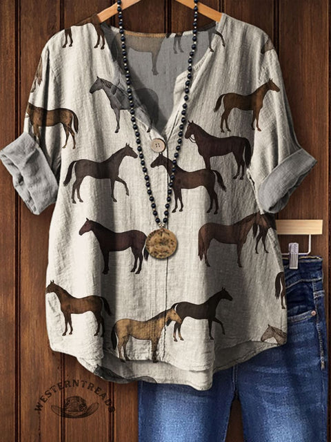 Women's Horse Print Casual Cotton Linen Shirt