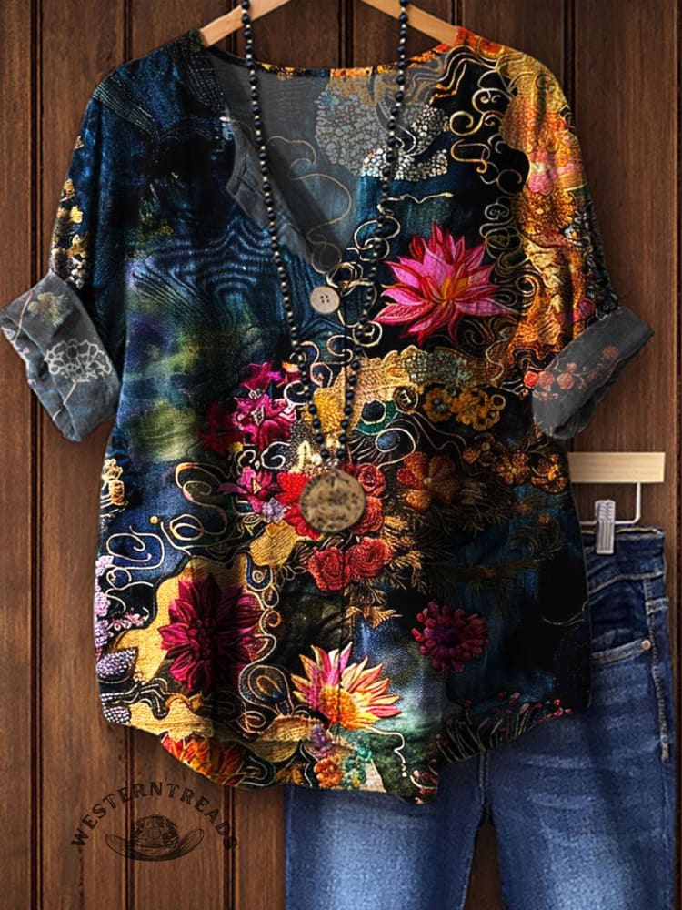 Women's Vintage Floral Art Prints Casual Cotton Linen Shirt