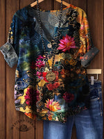 Women's Vintage Floral Art Prints Casual Cotton Linen Shirt