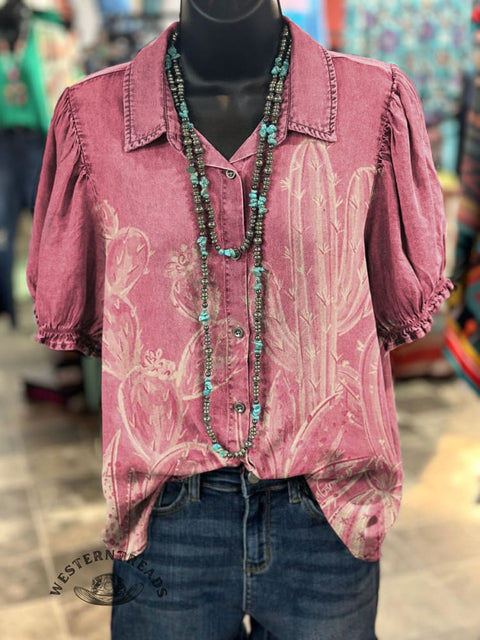 Cactus Art Print Casual Cotton Shirt