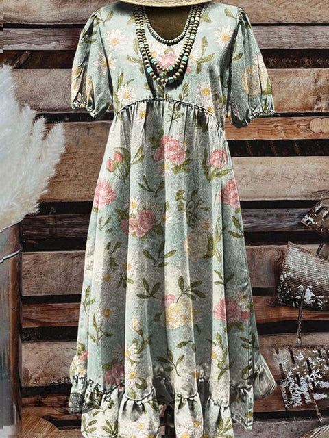Floral Art Print Print Crew Neck Dress