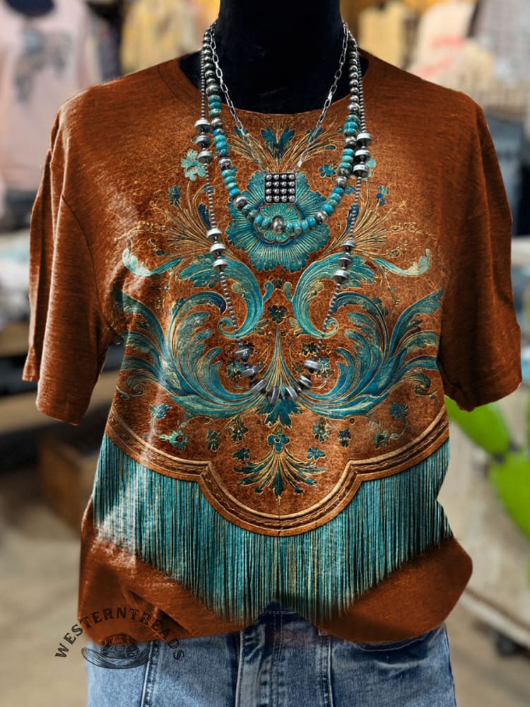 Vintage Flower Tassels Art Print Casual T-shirt