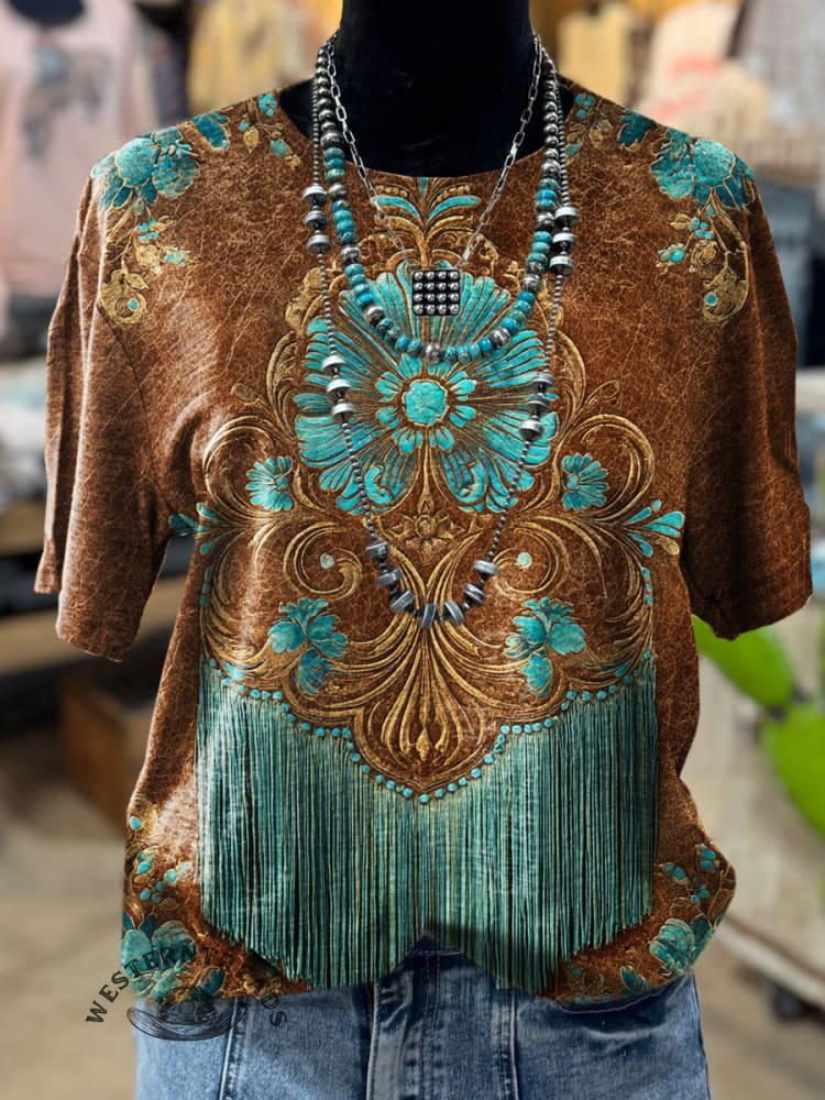 Vintage Flower Tassels Art Print Casual T-shirt