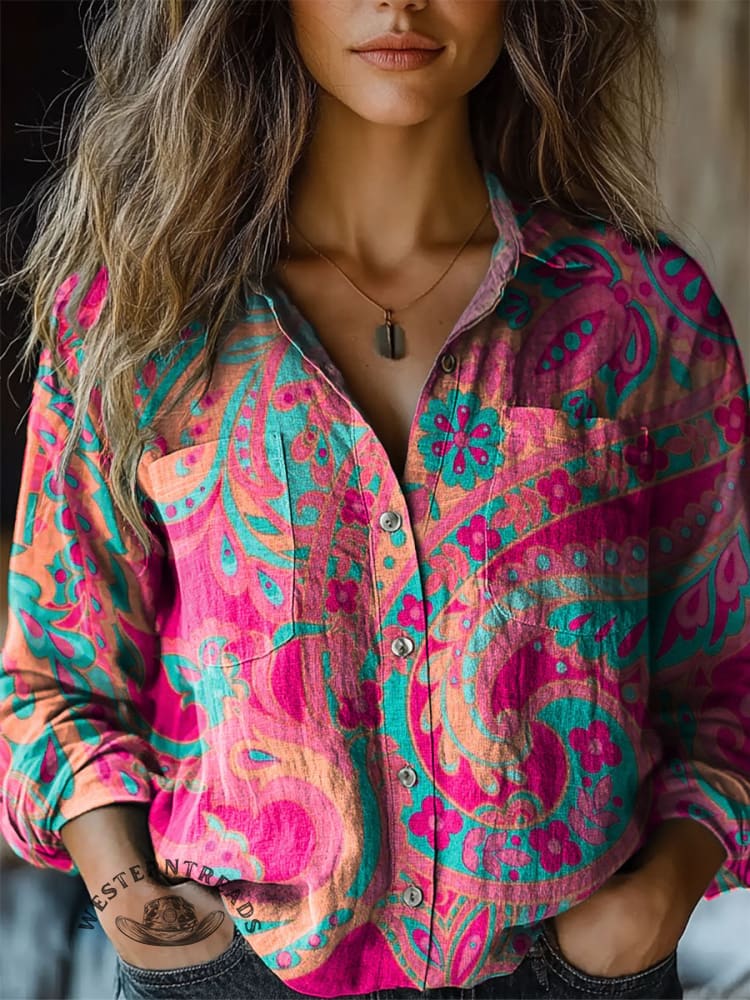 Women'sPaisley Art Print Casual Long Sleeve Comfortable Cotton Shirt