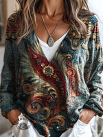 100% Cotton🍃Vintage Feather Art Print Casual V-neck Long Sleeve T-shirt