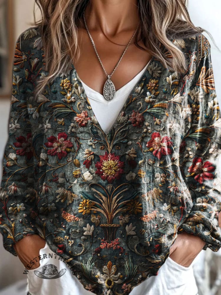 100% Cotton?Vintage Floral Art Print Casual V-neck Long Sleeve T-shirt