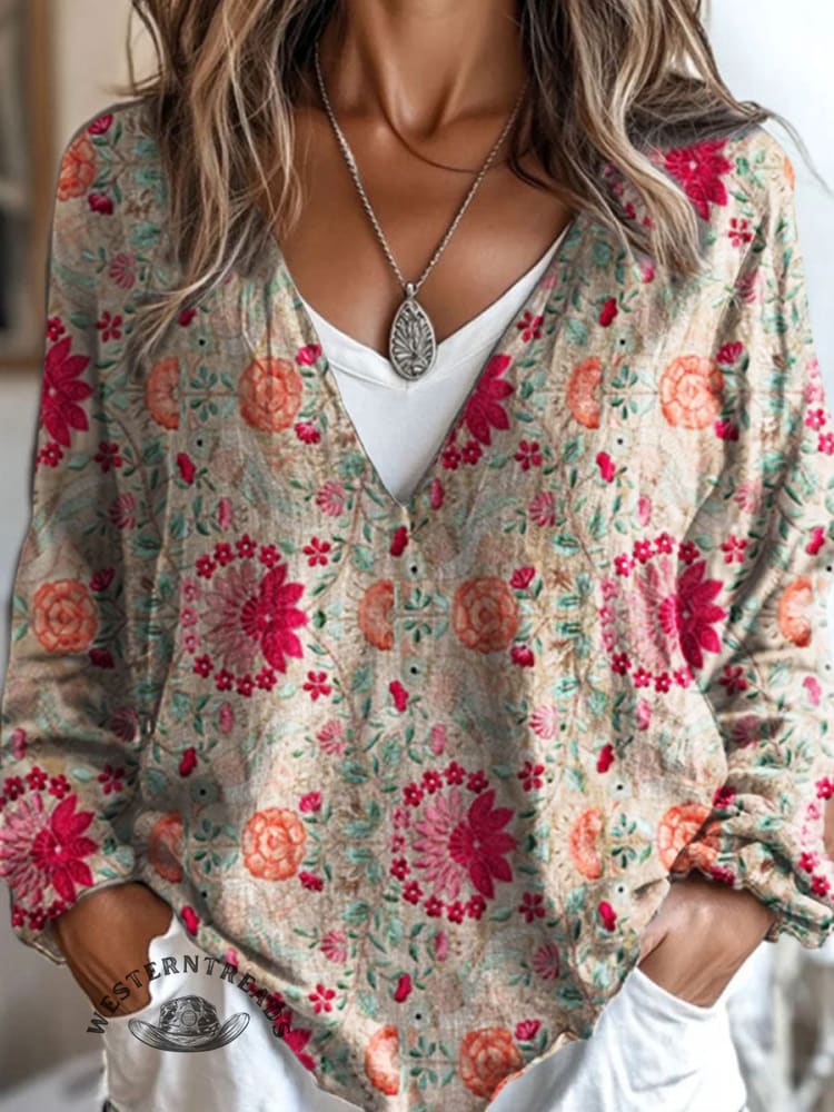 100% Cotton?Vintage Floral Art Print Casual V-neck Long Sleeve T-shirt