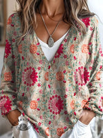 100% Cotton?Vintage Floral Art Print Casual V-neck Long Sleeve T-shirt