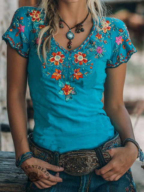 Women's Ethnic Floral Print Casual V-neck T-shirt
