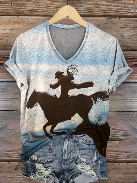 Western Cowboy Print Casual T-shirt