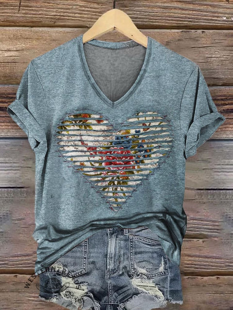 Retro Heart Flowers Print V-neck Casual T-Shirt