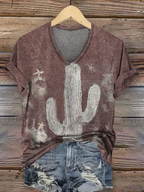 Retro Cactus Print V-neck Casual T-Shirt
