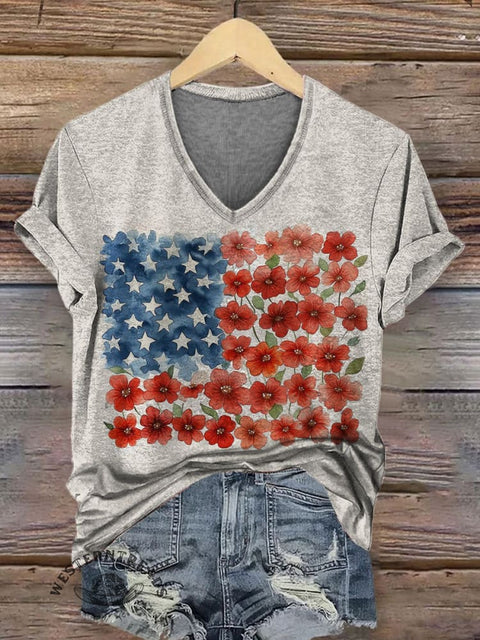 American Flag Floral Print V-neck Casual T-Shirt