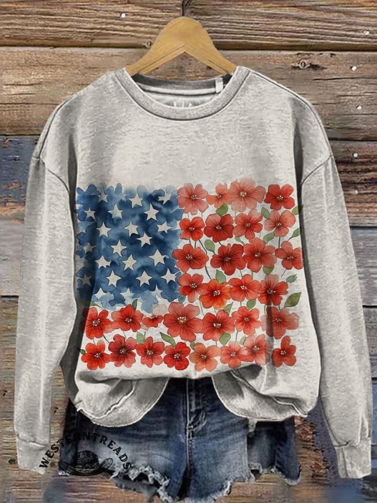American Flag Floral Print V-neck Casual T-Shirt