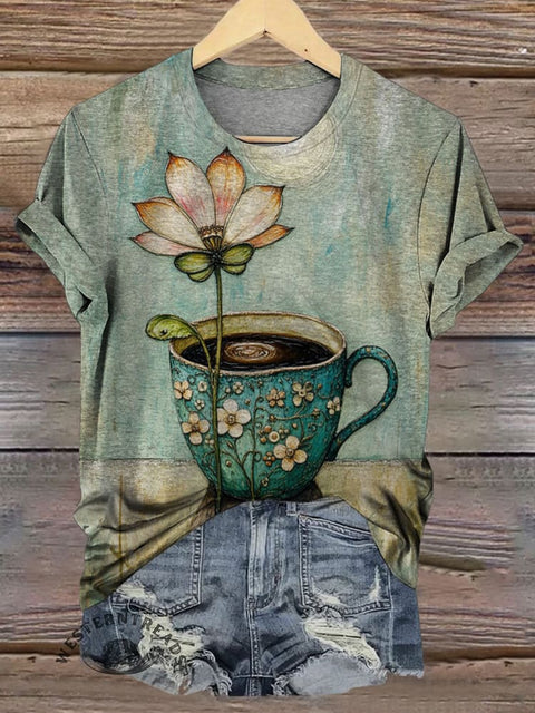 Retro Tea Cup Art Print Casual T-shirt