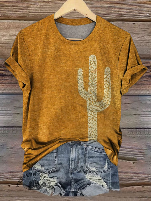 Retro Cactus Print Casual T-shirt