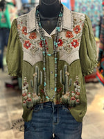 Vintage Cactus Prints Casual Cotton Shirt