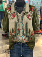 Vintage Cactus Prints Casual Cotton Shirt