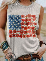 American Flag Floral Print V-neck Casual T-Shirt