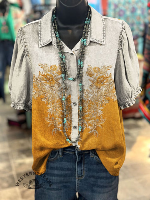 Fall Floral Print Casual Cotton Linen Shirt