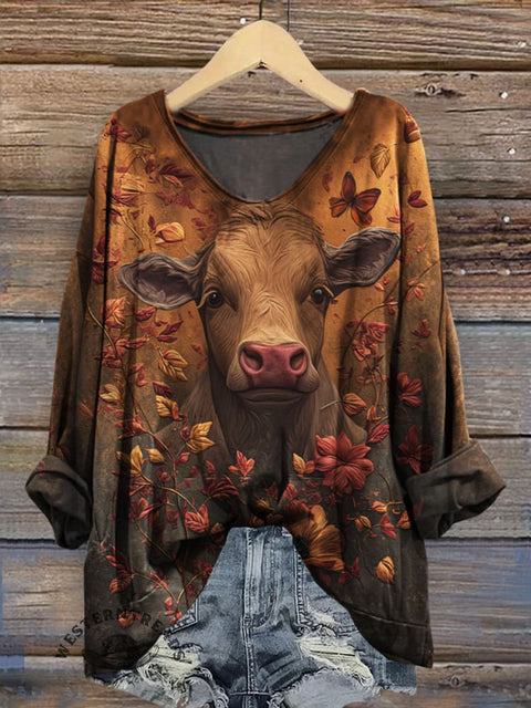Fall Cow Print Casual V-neck Long-sleeved T-shirt