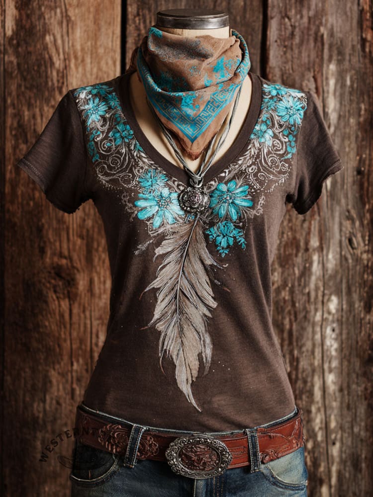 Vintage Floral Feather Print V-neck T-shirt