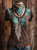 Vintage Floral Feather Print V-neck T-shirt