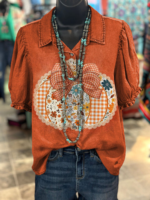 Pumpkin Print Casual Cotton Shirt