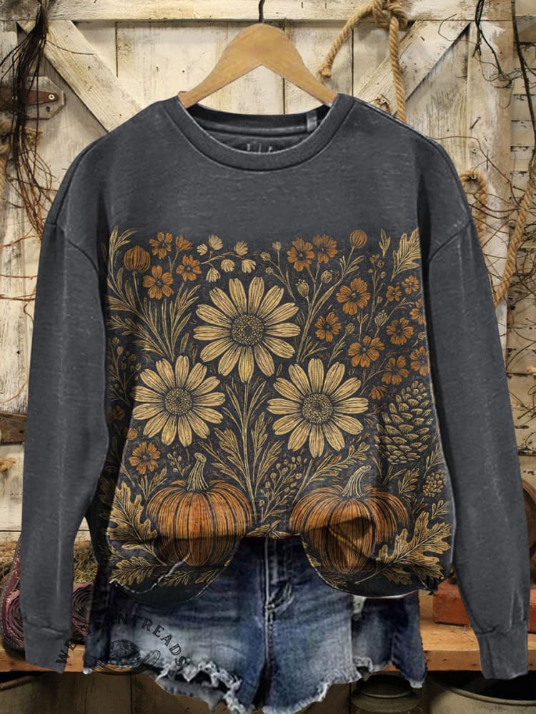 Pumpkin Flowers Art Prints Casual Cotton Sweatshirt