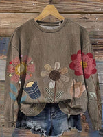 Vintage Floral Print Cotton Sweatshirt for Women - Soft Casual Long-Sleeved Top