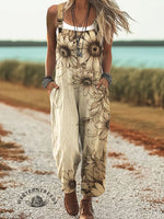 Vintage Sunflower Art Print Casual 100% Cotton Wide Leg Jumpsuit
